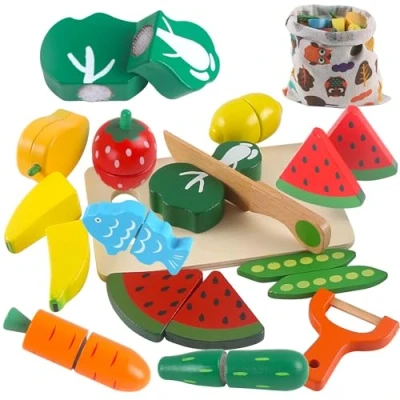 Image of huruirui Wooden Play Food for Kids Children Kitchen Cutting Fruit and Veg Toys Sets,Pretend Toy Accessories ,Boys Girls Gift 2 3 4 5 Year Olds Educational
