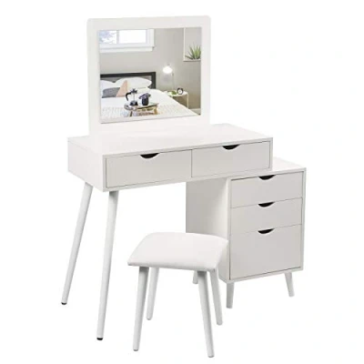 Image of WOLTU Dressing table Cosmetic White with Stool Makeup Mirror Vanity Bedroom Dresser Set 2 Drawers &amp; Bedside for Ample Storage MB6059ws