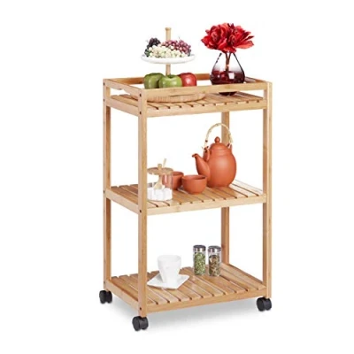Image of Relaxdays 10029398 Bamboo Serving Trolley, 3 Tier Kitchen Cart, Plastic Casters with Brakes, HxWxD: 77 x 47 32.5 cm, Natural
