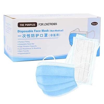 Image of (Pack of 50) Disposable FACE Masks 3 PLY HIGH Filtration &amp; Hypoallergenic Non Medical Covering Waterproof Breathable Skin Friendly Shield