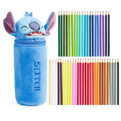 Image of Disney Stitch Pencil Case with 48 Colouring Pencils Included Kids Baby Yoda Plush Filled Gifts for (Blue Stitch)