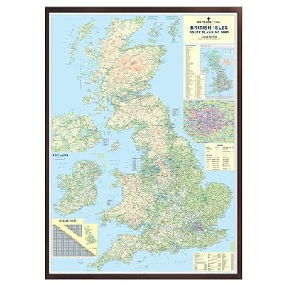 Image of UK Roads Wall Map Large Laminated And Framed In Dark Wood 120cm X 83cm Clearly Shows Motorways, A Roads, B Minor Postcode Areas, London Inset With M25