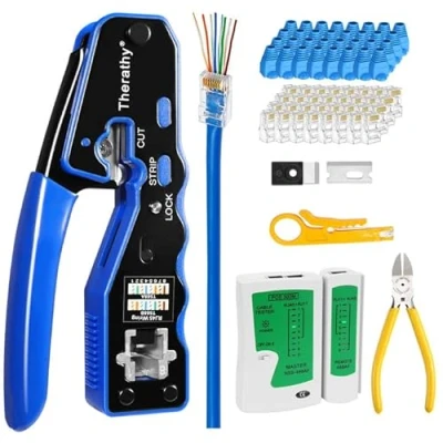 Image of Therathy Pass Through RJ45 Crimp Tool Kit, Ethernet Crimper Kit Cat5e Cat5 CAT6 Crimping