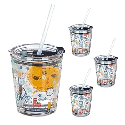 Image of Relaxdays Glass Cups with Lid &amp; Straw, Set of 4, Sport Design, 350 ml each, Kids Drinking Glasses, Tumblers, Transparent