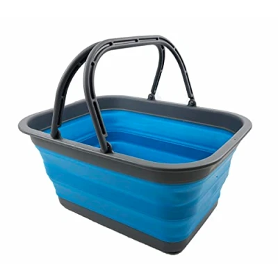 Image of SAMMART 12L Collapsible Tub with Handle Portable Outdoor Picnic Basket/Crater Foldable Shopping Bag Space Saving Storage Container (Grey/Cerulean)