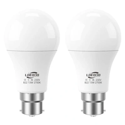 Image of LOEODO B22 Bayonet LED Bulbs 100W Equivalent, 13W Light Bulb, 1200 Lumens, 2700K Warm White, A60 Energy Saving Lightbulbsb, Non Dimmable, Pack of 2