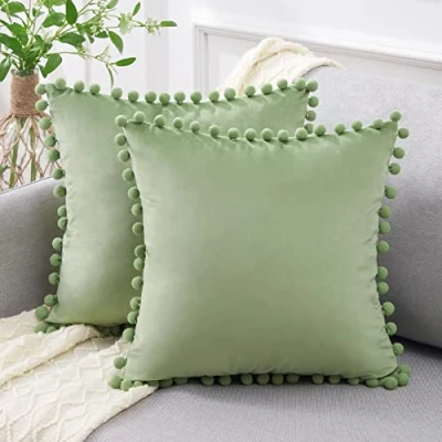 Image of Topfinel Cushion Covers 45x45,Boho 18 x inches,Sage Green Velvet Pom Spring Soft Cover with Invisible Zip for Sofa Chair Living Room,Pack of 2
