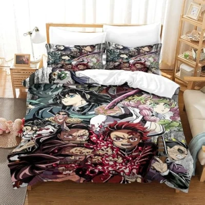 Image of GDEKCIEAS Anime 3D Demon Slayer 3Pcs Bedding Set for Kids,Duvet Cover Microfiber with Zipper,Decorative Quilt Boys And Girls Bedroom Double（200x200cm）