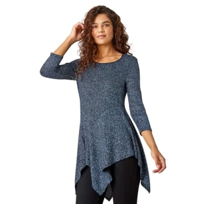 Image of Roman Originals Women Asymmetric Top Ladies Hanky Hem Blouse Shimmer Floral Animal Print Smart Casual Party Evening Sparkle Embellished 3/4 Sleeve Round Neck Christmas Royal Blue Size 10