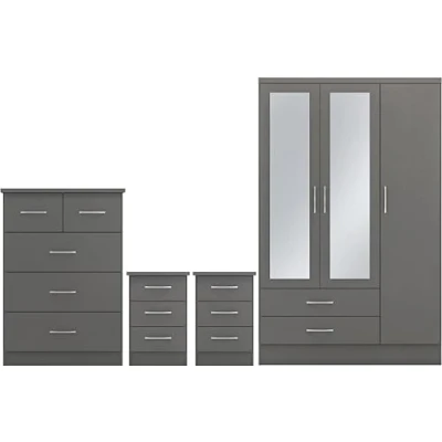 Image of Seconique Nevada 3 Door 2 Drawer Mirrored Wardrobe Bedroom Set in 3D Effect Grey