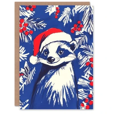 Image of Artery8 Santa Hat Badger Holly Plant Berry Blank For Him Or Her Art Xmas Festive Christmas Card