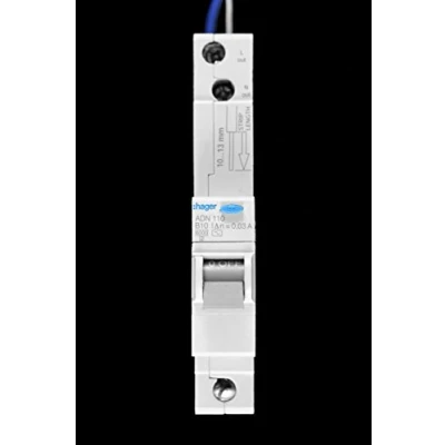 Image of Hager ADN110 AC Class Domestic Electronic RCBO, 1 Pole, Module, Type B, 6 kA Breaking Capacity, 30 mA Sensitivity, 10 A Current