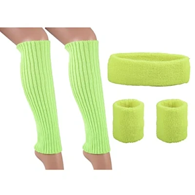 Image of Jomnvo Green 80s Costumes Accessories Women Fancy Dress Set Leg Warmers Knit Neon Headband Wristbands for 1980s Party Outfit Retro Décor (Green)
