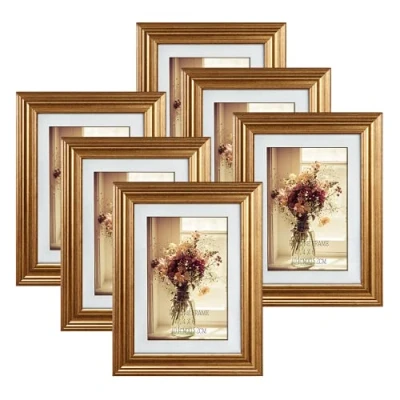 Image of 6x4 Picture Frames Set of 6, Gold Photo for Wall or Tabletop Display 4x6 Pictures with Mat 5x7 Without