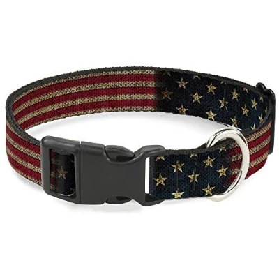 Image of Buckle Down Plastic Clip Collar Vintage US Flag Stretch 1&quot; Wide Fits 11 17&quot; Neck Medium