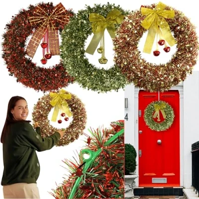 Image of 3PCs Christmas Wreath Decorations 40cm Green, Gold, Red Large Wreaths Decor, Front Door Hanging Wreaths, Artificial Indoor for Window Wall