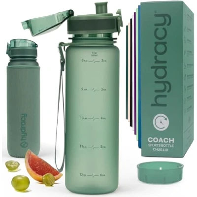 Image of Hydracy Water Bottle with Time Marker 500 ml 17 Oz BPA Free Leak Proof &amp; No Sweat Gym Fruit Infuser Strainer Ideal for Fitness or Sports Outdoors Moonlight Green