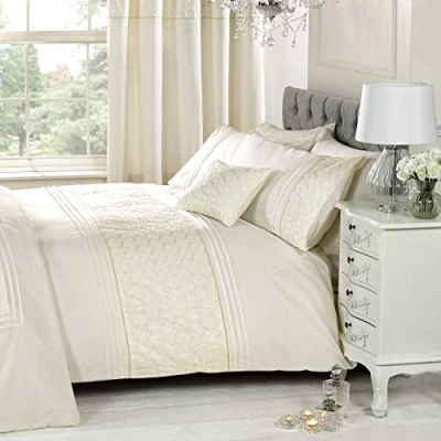 Image of Rapport Home Cream Double Duvet Cover Bedding Bed Set Floral Emdroidered, Beige