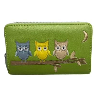 Image of Ladies Purse, Medium Size Purses Featuring Owls, Zipped with Coin and Card Slots (Lime Green)