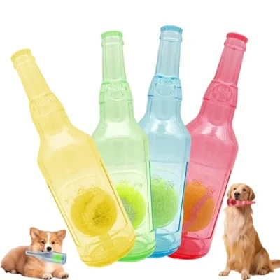 Image of LLELEMAMO Crunch Play bottle toy, Crunchnplay Toy for Dogs, 9.7&quot;/7.7&quot; Rubber water Dog Interesting Squeaky Toys, Outdoor Interactive Chew with Tennis Ball (4Pcs,Large)
