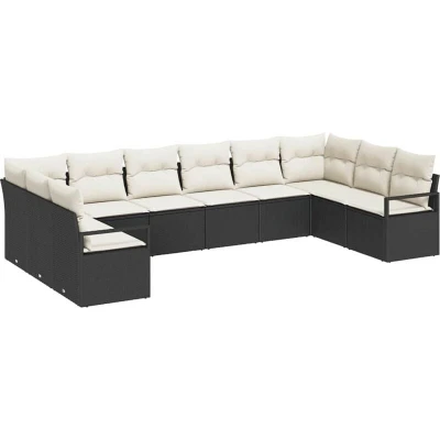 Image of vidaXL 10 Piece Garden Sofa Set with Cushions Black Poly Rattan