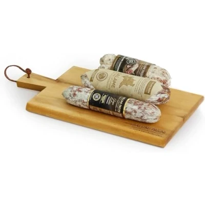 Image of Gift box Trittico del gusto 1 Campagnolo Salami 270g + Gran Filetto 170g with sparkling wine from Lombardy acacia board