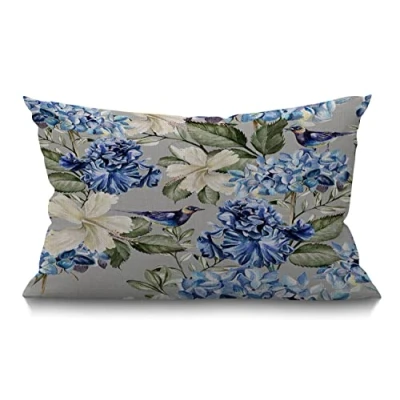 Image of BGBDEIA Floral Cushion Cover 12x20 Inch Spring Plant Flowers Hydrangea Hibiscus Iris Bird Leaf Rectangle Pillow Cases Home Decorative Cotton Linen Throw for Bed Sofa Blue Green 30x50 cm