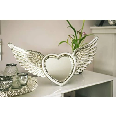 Image of garden mile Heart Shaped Large Rustic Silver Mirror with Distressed Angel Wings Vintage Retro Shabby Chic Style Wall Mounted Freestanding Beautiful Vanity for the Bedroom and Living Room