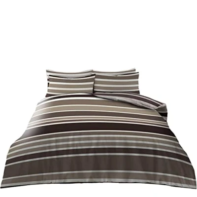 Image of Super Dreamer 4 Piece Complete Bedding Set, Reversible Striped Duvet King Size Fitted Sheet with Pillow Case 2 Pack, Natural
