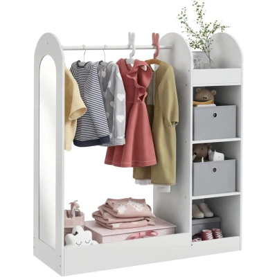 Image of AIYAPLAY Kids Clothes Rail, Dress Up Rail with Storage Shelf, Boxes, Mirror, Kids, Wardrobe for Bedroom, Room, Nursery, White
