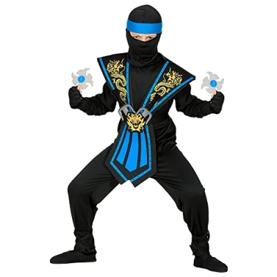 Image of Widmann 10204130 Children&#039;s Ninja costume with weapon set 38656 Children&#039;s, Black Blue, Fighter, Warrior, Japan, Theme Party, Carnival, 128 cm,