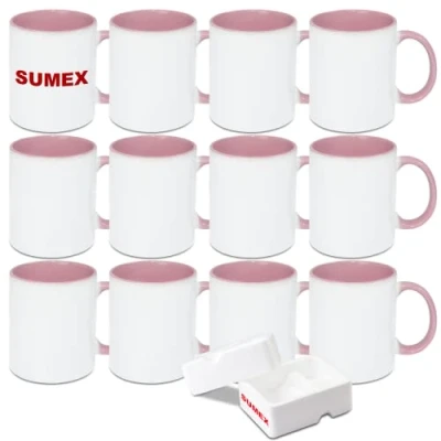 Image of Sumex 11oz Set of 12 Sublimation Blanks Ceramic Coffee Mugs for Tea, Milk, Latte, Hot Cocoa,Pink Inner and Handle