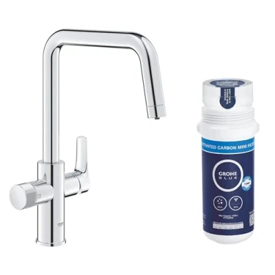Image of GROHE Blue Pure Start Starter Kit for Filtered Water (Kitchen Sink Tap, High U Shape, 150 Swivel Spout, Under Activated Carbon Filter Set, Tail 3/8 Inch), Size 366 mm, Chrome, 30596000
