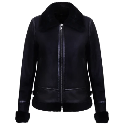 Image of Infnity Leather Women&#039;s Black Real WW2 Shearling Sheepskin Aviator Pilot Biker Jacket M
