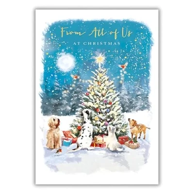 Image of From All Of Us Christmas Card Special Finish Dalmatian, Bearded Collie, Westie Dogs and Robins Artistic Tree Design Made in the UK Eco Friendly