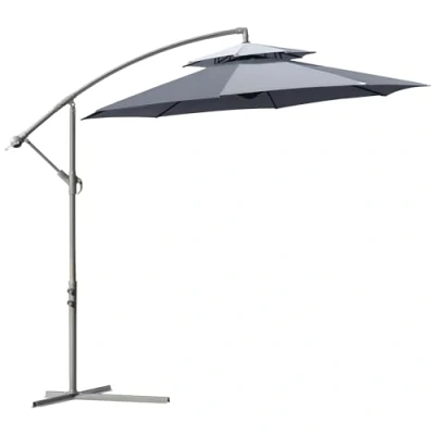 Image of Outsunny 2.7m Garden Banana Parasol Cantilever Umbrella with Crank Handle, Double Tier Canopy and Cross Base for Outdoor, Hanging Sun Shade, Dark Grey