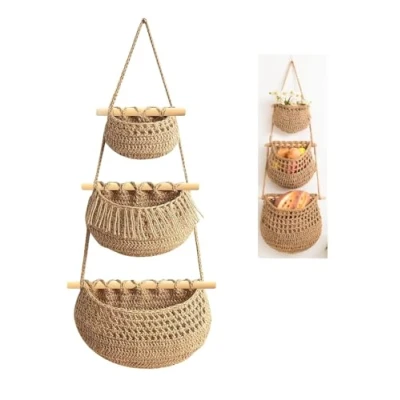 Image of DLULTEP Hanging Fruit Basket, Handmade 3 Tier Woven Jute Wall Basket for Organizing Kitchen Decor, Living Room, Bathroom, Bedroom