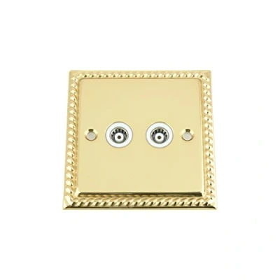 Image of TV Coaxial Aerial Socket Double 2 Gang Polished Brass Georgian White Insert