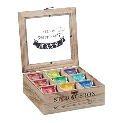 Image of Relaxdays Tea Box, 9 Compartments, Organiser Chest, H x W D: 24 25 cm, Wood, Natural