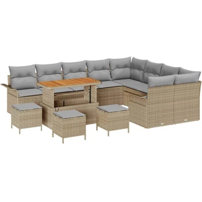 Image of vidaXL 13 Piece Garden Sofa Set with Cushions Beige Poly Rattan Acacia