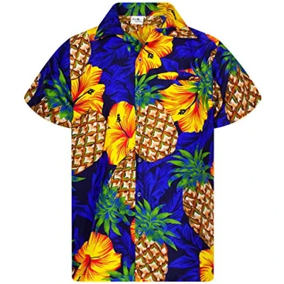 Image of King Kameha Men&#039;s Pineapple Desings Summer Party Shirts Short Sleeve, Hibiscus, Blue, XL