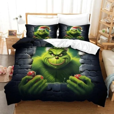Image of SUFFERBOW Grinch Comforter Covers Quilt Cover Duvet 3D Printed Christmas for Boys Girls with Zipper Closure Bedding Set Soft Microfiber Pillow Cases 3 Pieces Double（200x200cm）