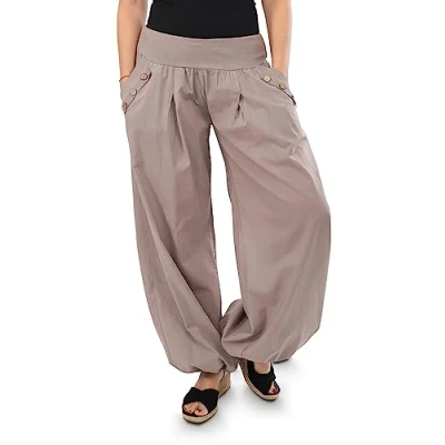 Image of Malito 23245H Women&#039;s Baggy Trousers, Fabric Trousers for Beach and Everyday Use, Loose Leisure Summer, Casual Aladdin One Size, Fango, 8/14 UK