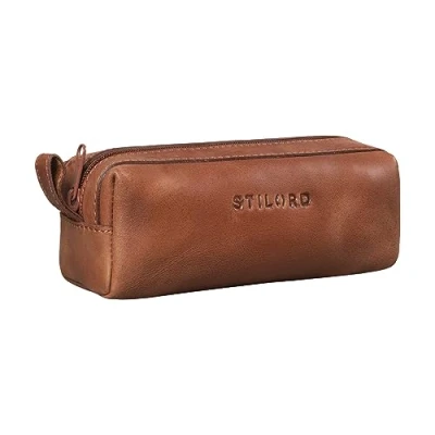 Image of STILORD &#039;Linus&#039; Pencil Case Leather Pen Pouch Office University College Women Men Stationary Vintage Leather, Colour:Andorra Brown