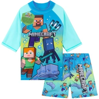Image of Get Trend Minecraft Swimsuit Set for Boys Teenagers 2 Pcs with Swimming Trunks Creeper Rash Vest Beach Trip Gamer Holiday Essentials (13 14 Years, Blue/Green Minecraft)