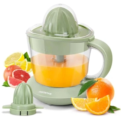 Image of Aigostar Orange Juicer Electric Citrus Juicer, 700ml Bowl with Scale, 2 Cones, Tow Way Rotation, Filter, Lemon for Lime Grapefruit, Retro Green Henry 031IN