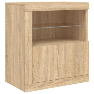 Image of vidaXL Modern Brown Sideboard with LED Lights Large Storage Cabinet featuring Engineered Wood and Glass Accent Furniture Sonoma Oak Finish.