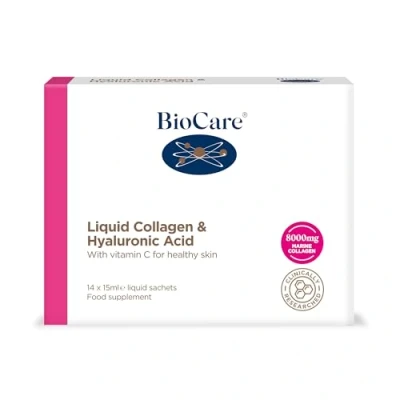 Image of BioCare Liquid Collagen &amp; Hyaluronic Acid 8000mg of Hydrolysed Marine Mango Orange Flavour, 14 x 15ml sachets