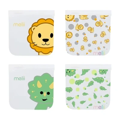 Image of melii Reusable Sandwich &amp; Snack Bags for Kids Adults, Food Storage, Organization Meal Prep Containers, Leakproof, BPA free, 4 Pack, 2 Dinosaur Lion
