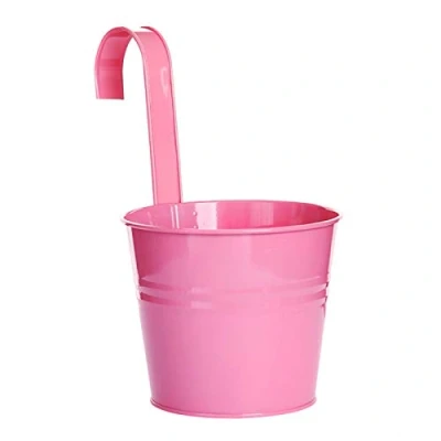 Image of Flower Pots, Garden Pots Hanging Buckets Planter, Metal Plant Home Decor with Hook For Balcony Fence Pink L